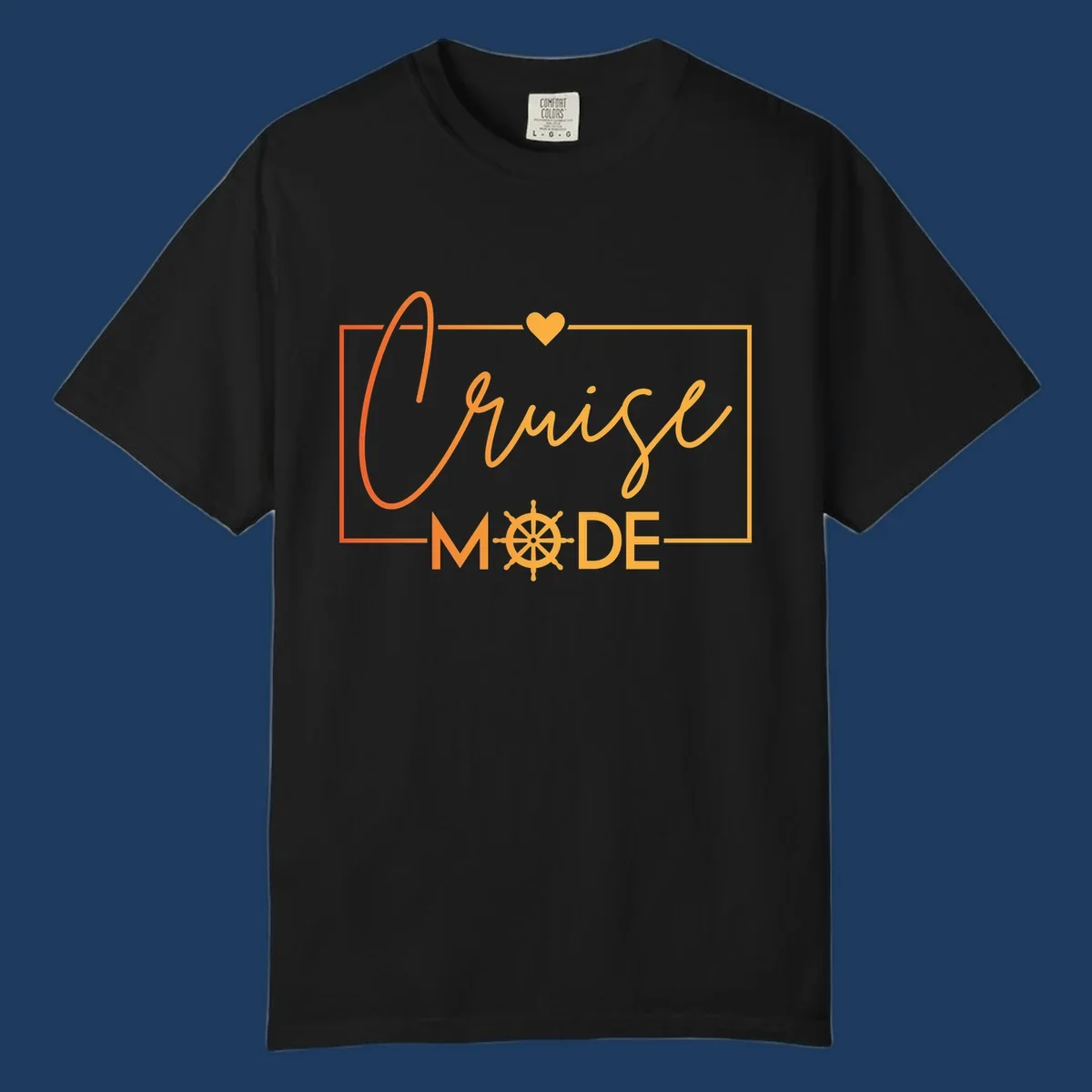 Ahoy Mode design with cursive text, ship's wheel, and golden heart on gray background for cruise apparel