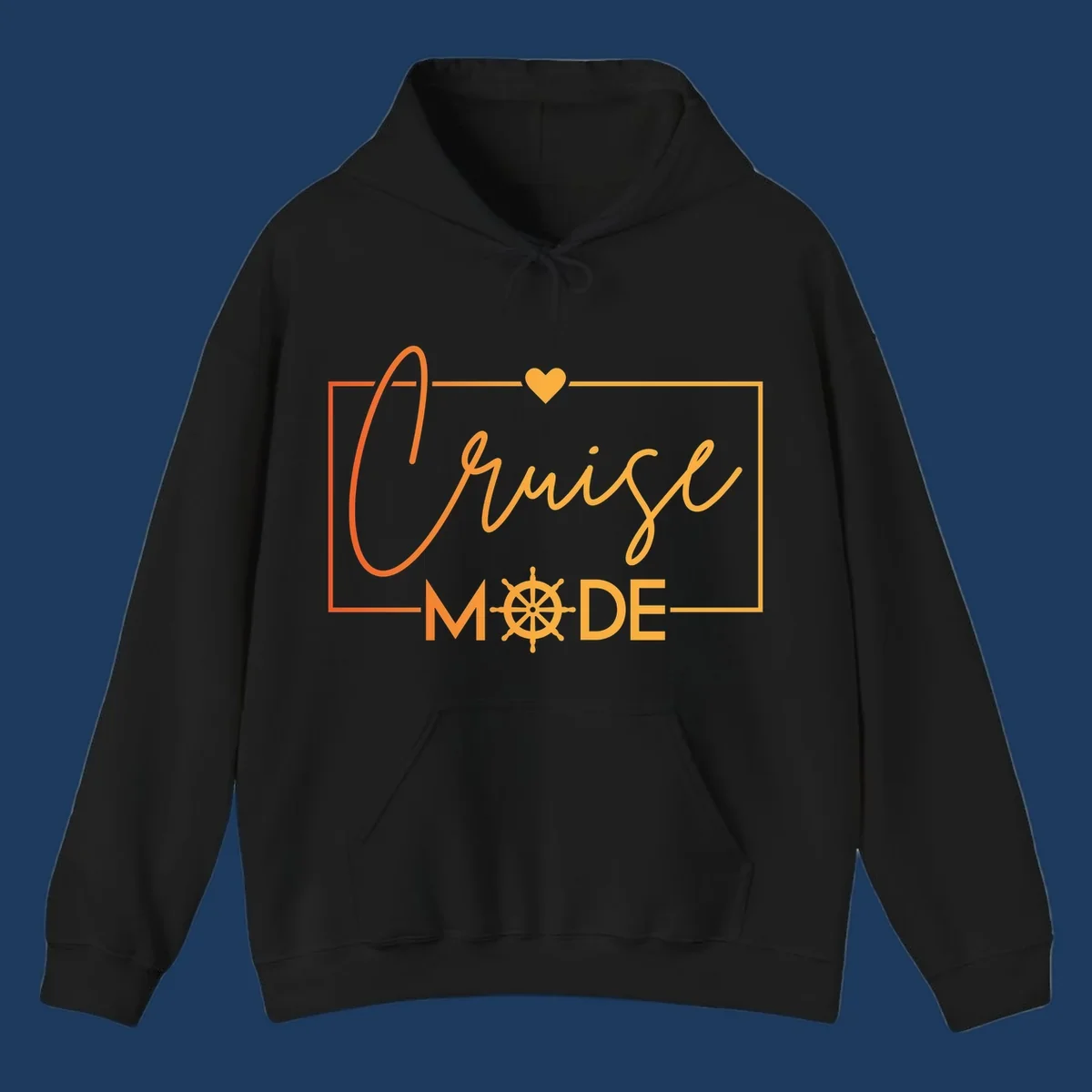 Ahoy Mode design with cursive text, ship's wheel, and golden heart on gray background for cruise apparel