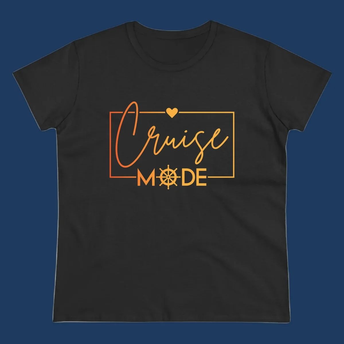 Ahoy Mode design with cursive text, ship's wheel, and golden heart on gray background for cruise apparel