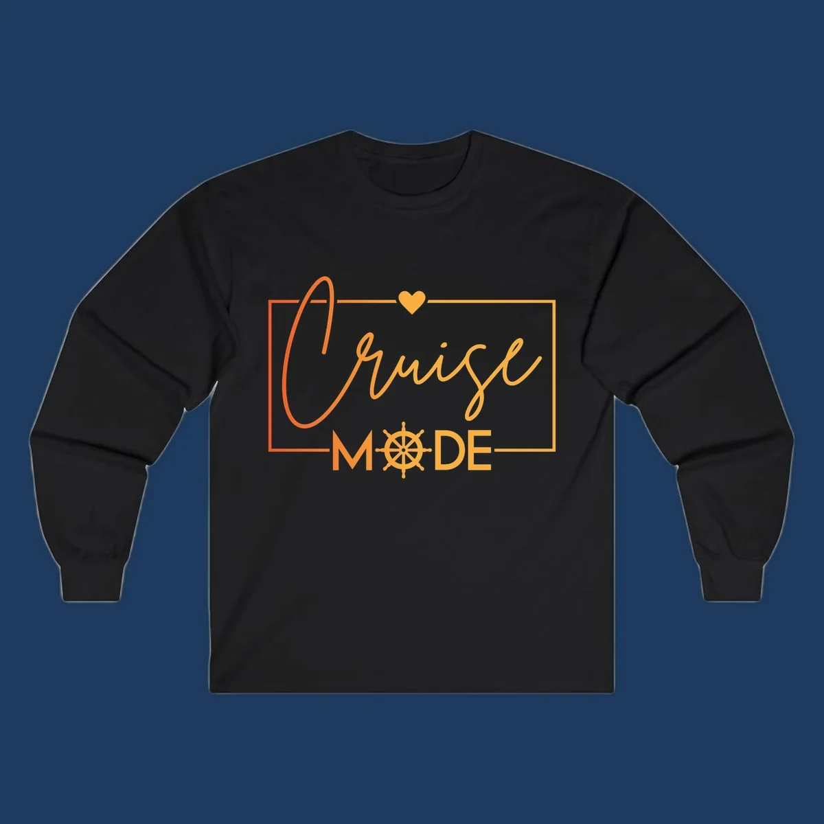 Ahoy Mode design with cursive text, ship's wheel, and golden heart on gray background for cruise apparel
