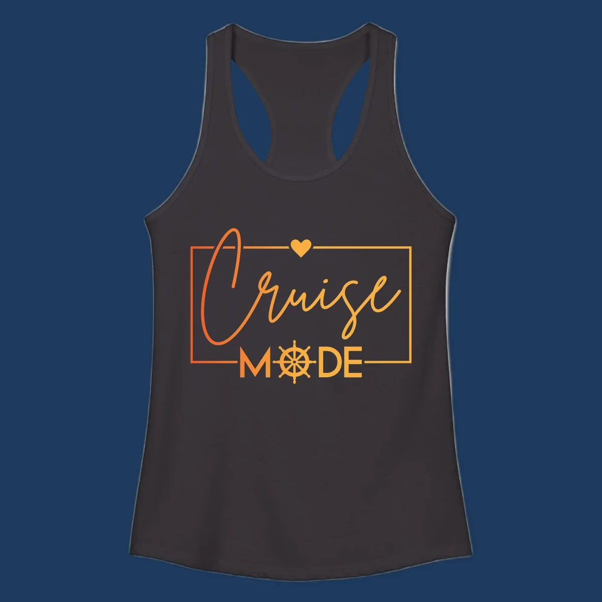 Ahoy Mode design with cursive text, ship's wheel, and golden heart on gray background for cruise apparel