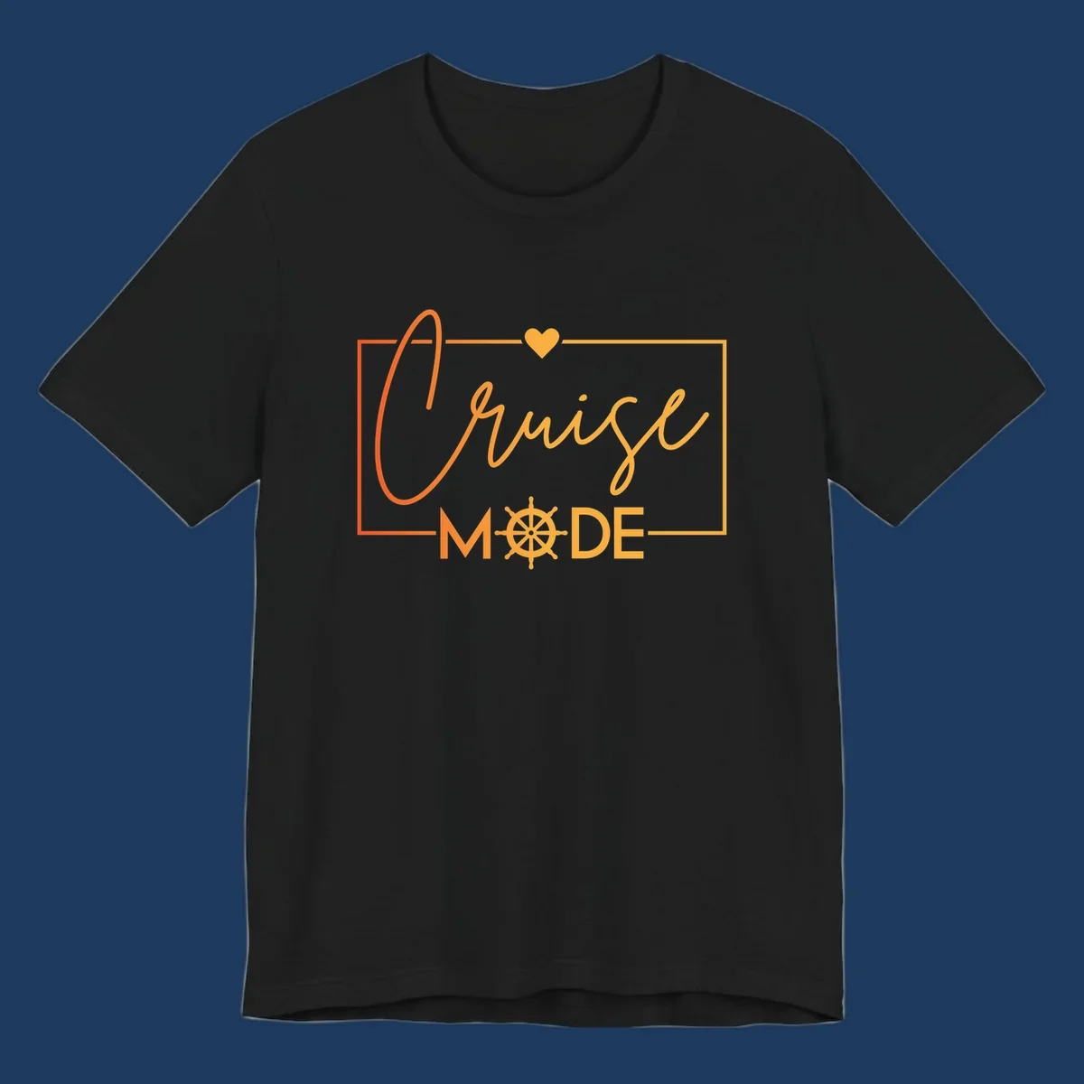 Ahoy Mode design with cursive text, ship's wheel, and golden heart on gray background for cruise apparel