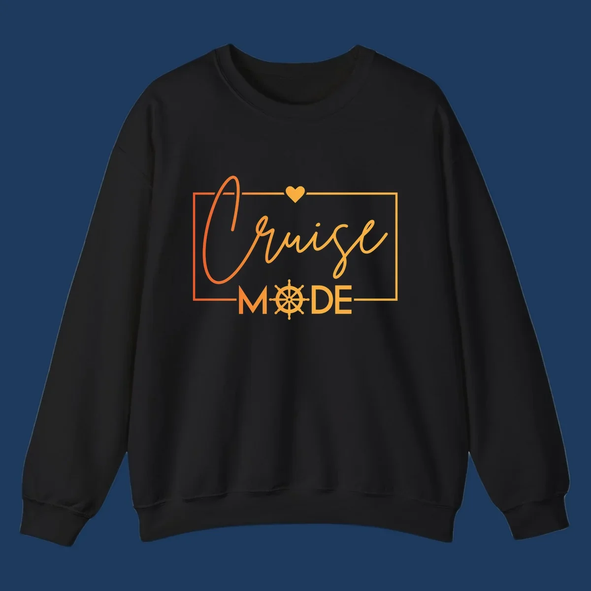 Ahoy Mode design with cursive text, ship's wheel, and golden heart on gray background for cruise apparel