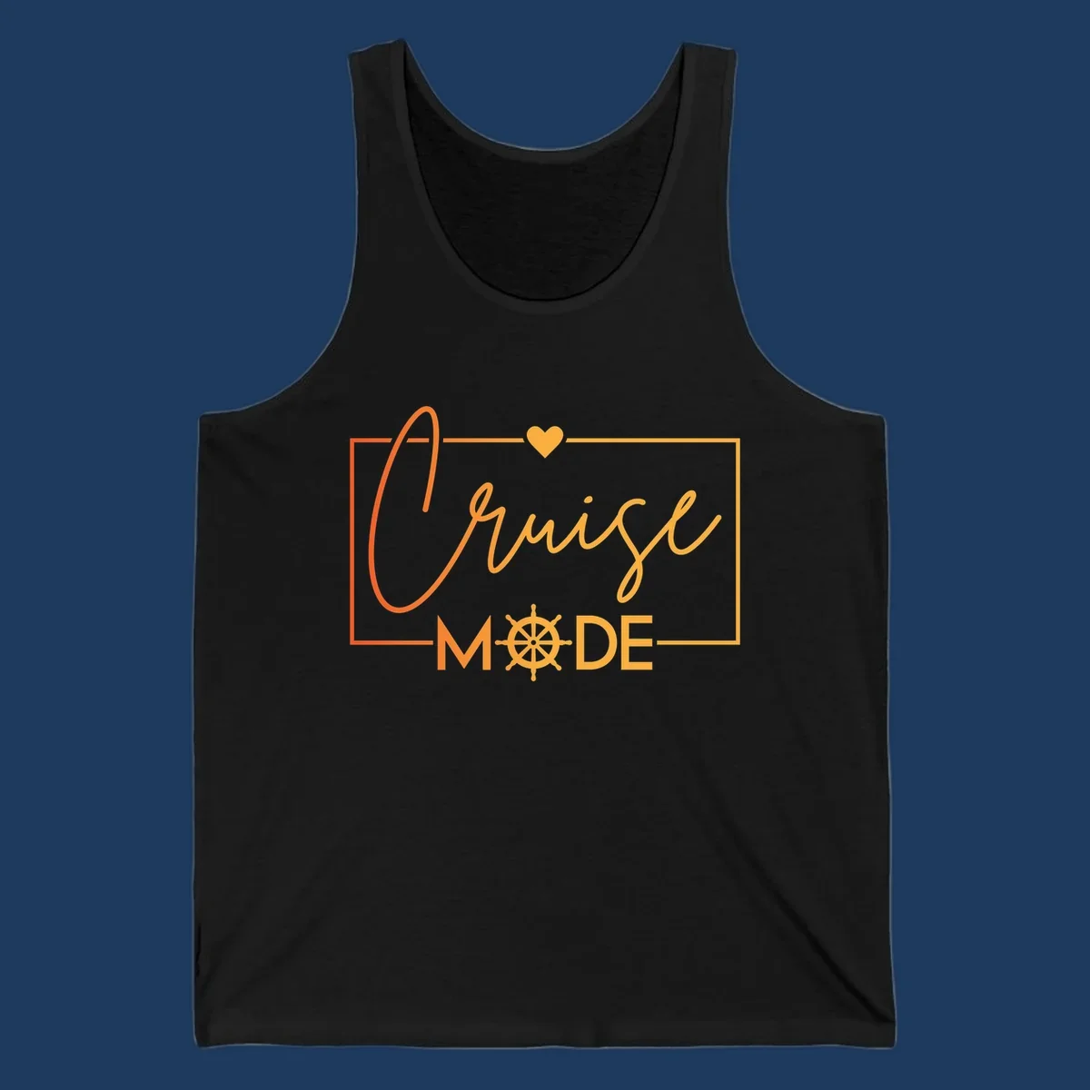 Ahoy Mode design with cursive text, ship's wheel, and golden heart on gray background for cruise apparel