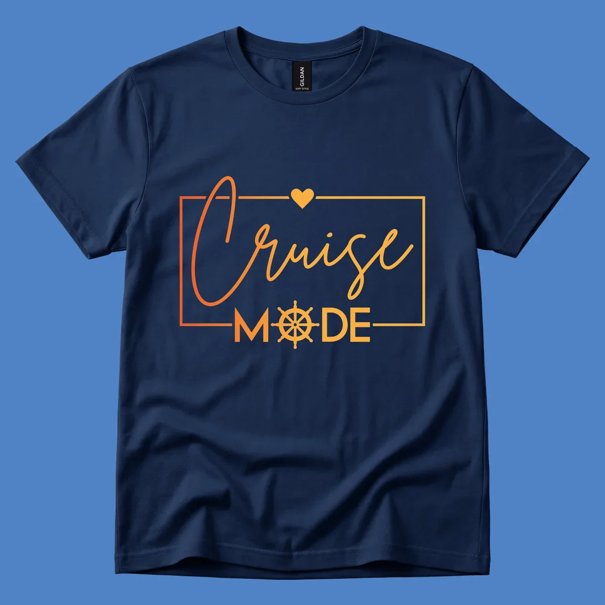 Ahoy Mode design with cursive text, ship's wheel, and golden heart on gray background for cruise apparel