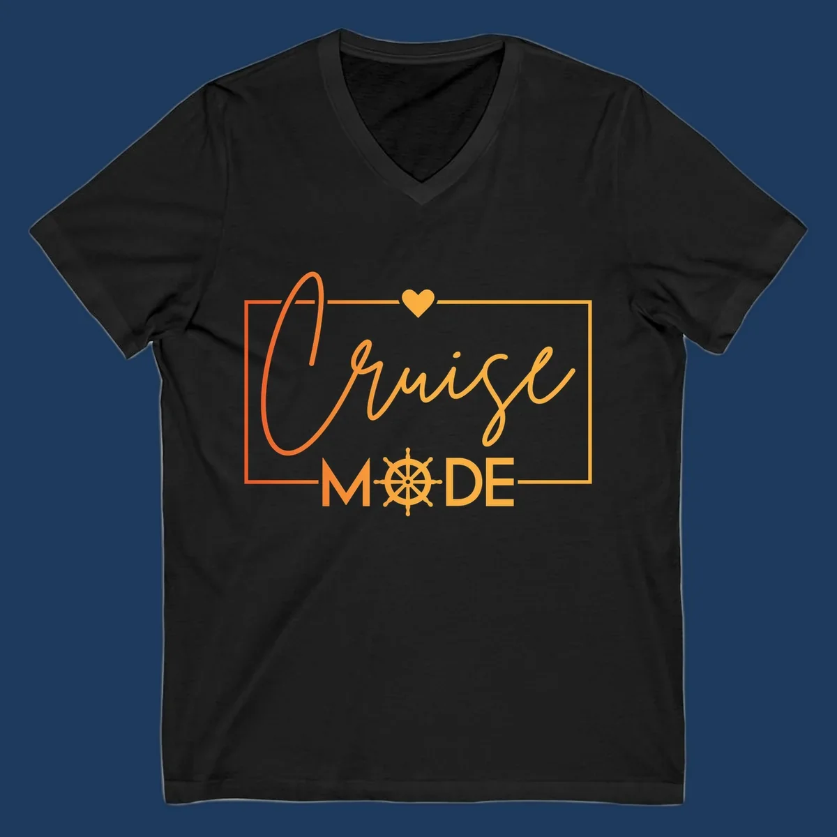 Ahoy Mode design with cursive text, ship's wheel, and golden heart on gray background for cruise apparel