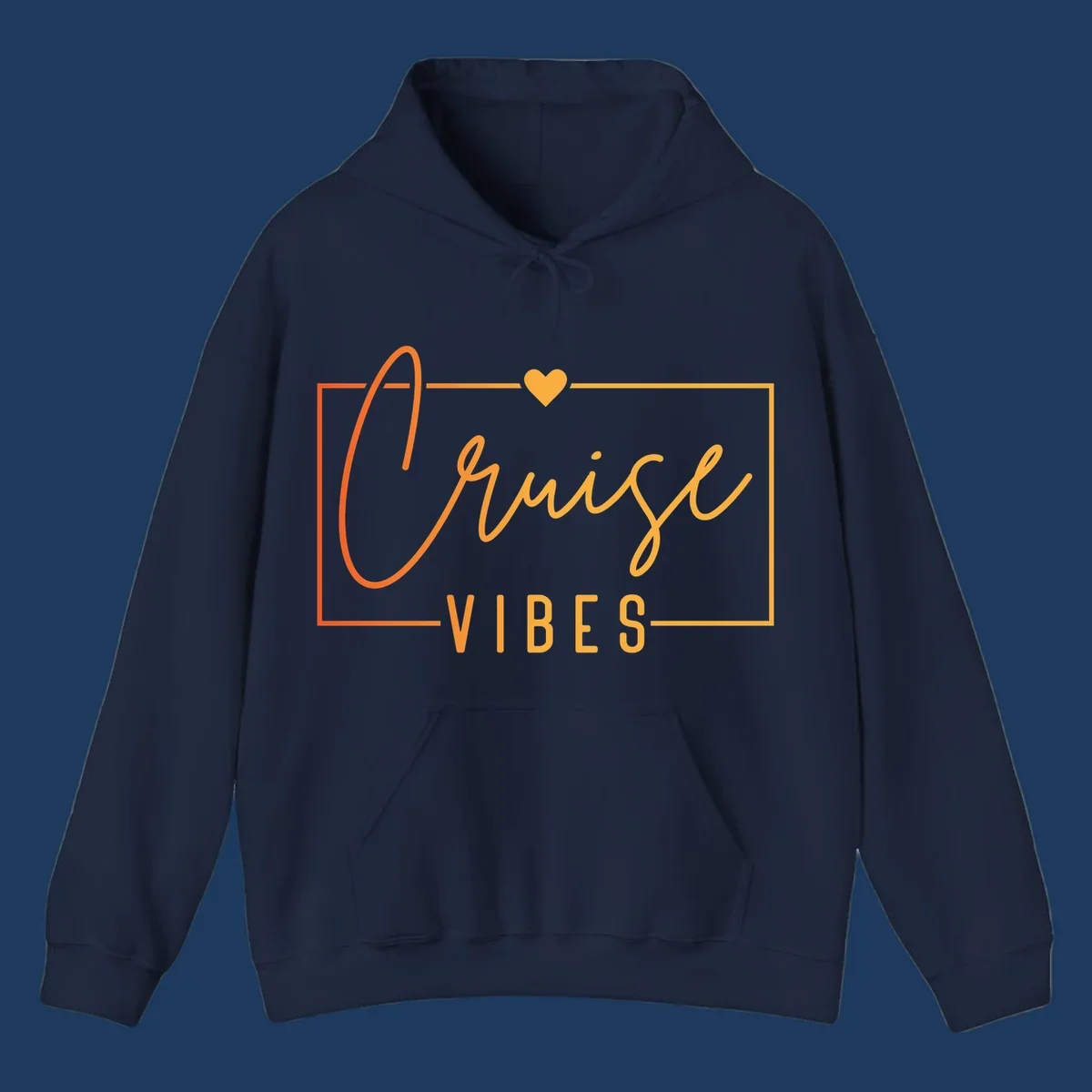 Cruise vibes design with golden heart, cursive lettering, and orange border on gray background