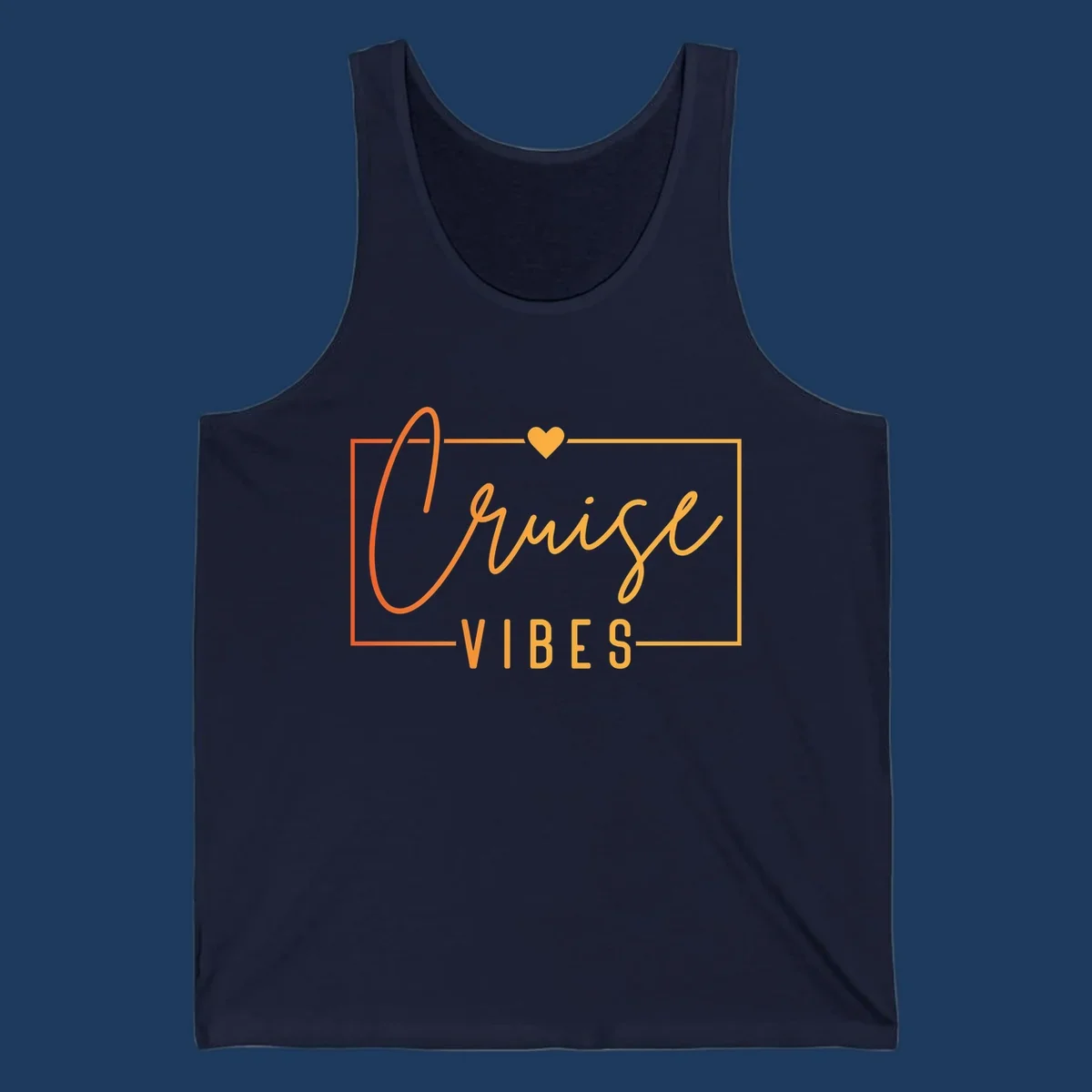 Cruise vibes design with golden heart, cursive lettering, and orange border on gray background