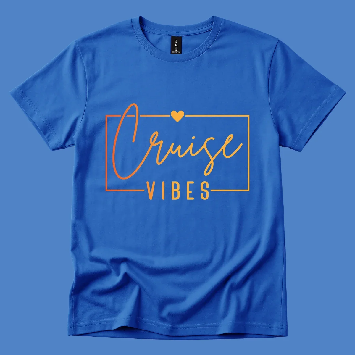 Cruise vibes design with golden heart, cursive lettering, and orange border on gray background