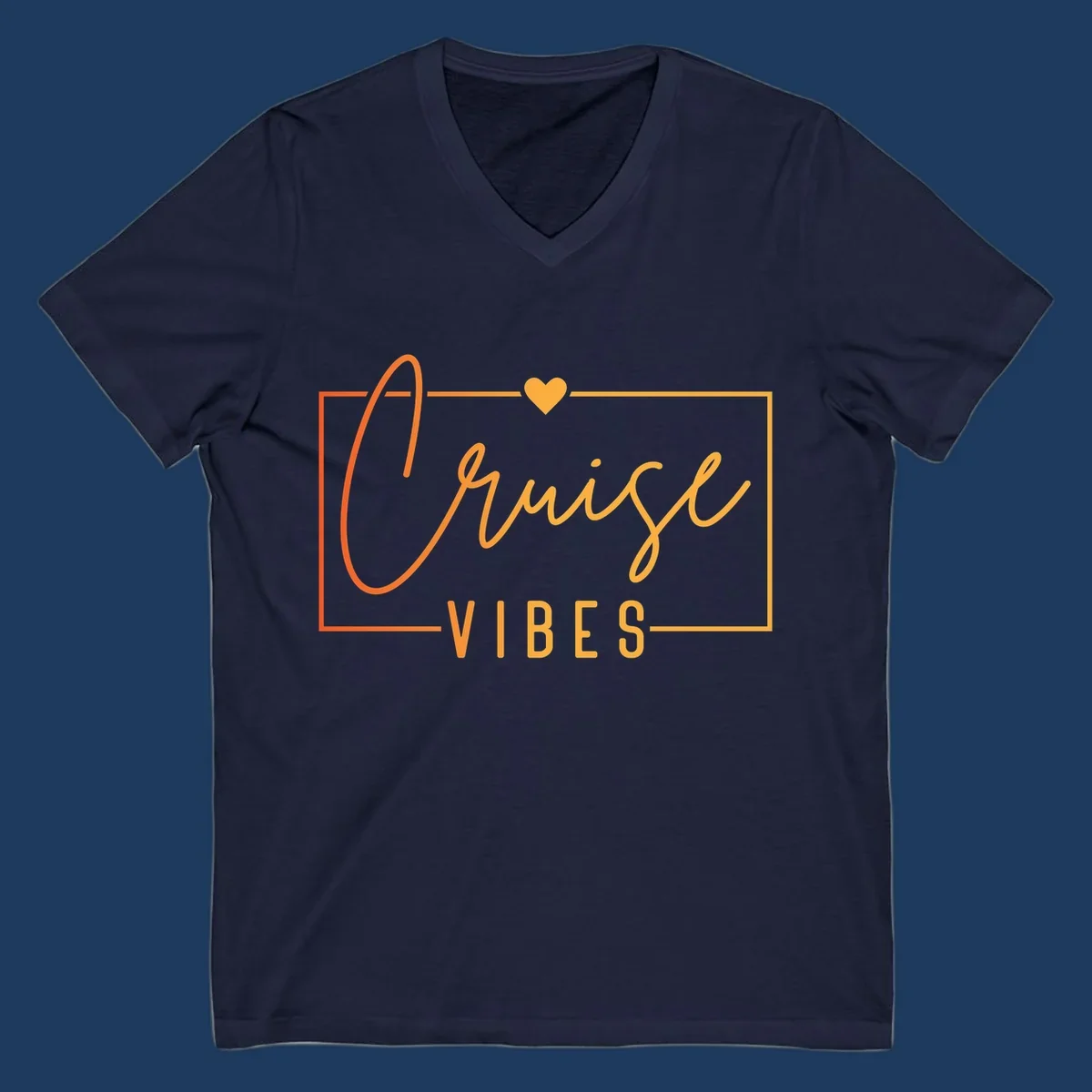 Cruise vibes design with golden heart, cursive lettering, and orange border on gray background