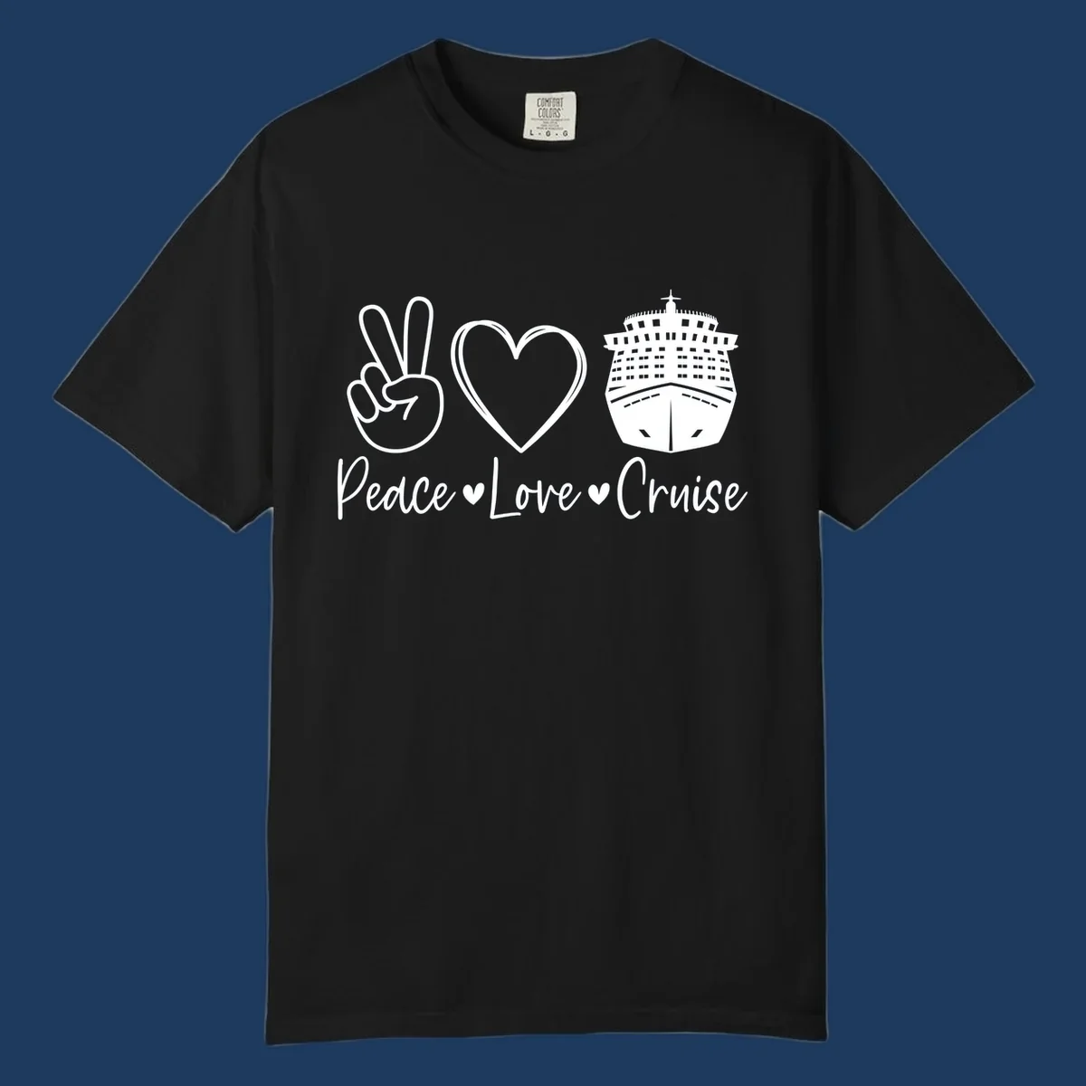 Peace love cruise design with peace sign, heart, and cruise ship icons with text on gray background