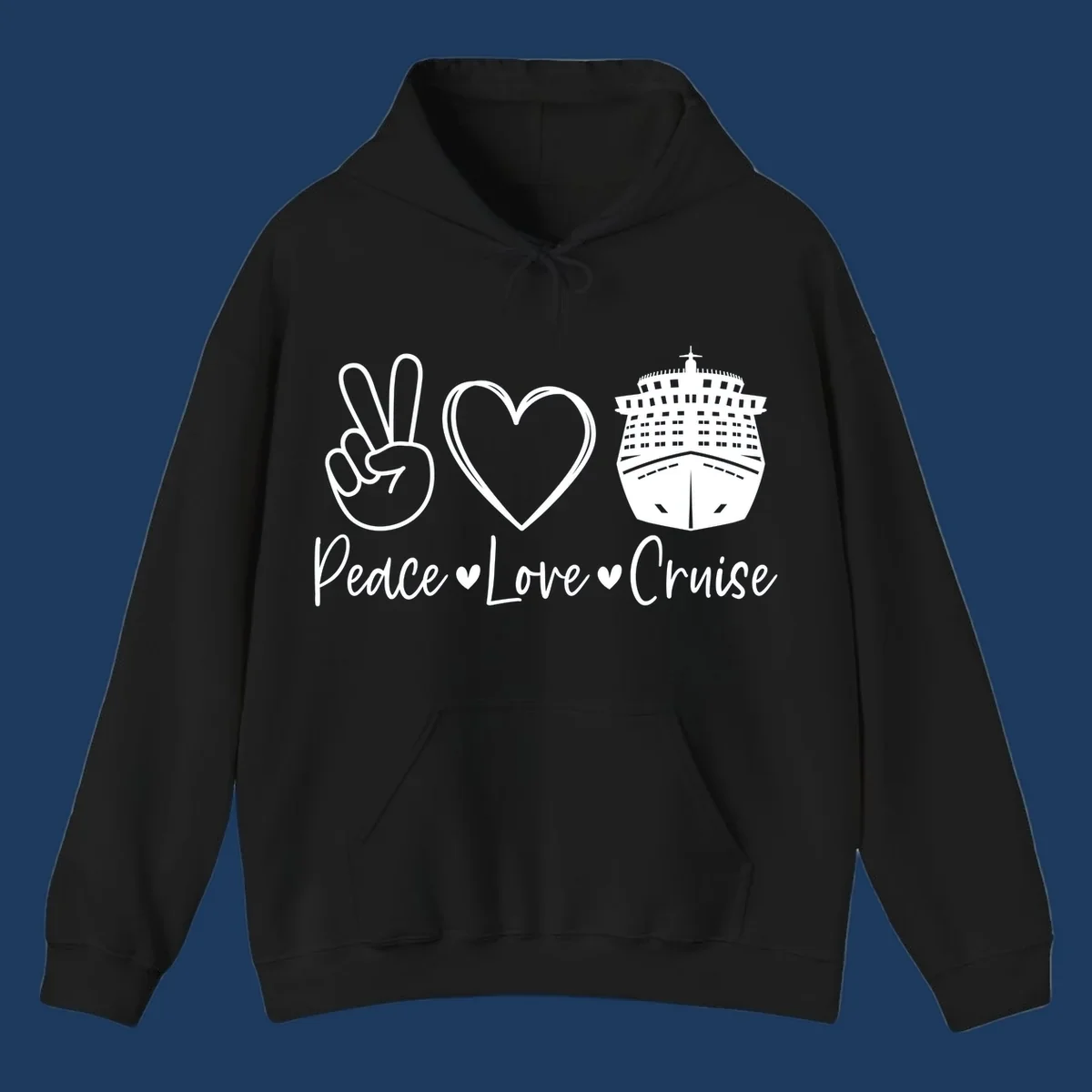 Peace love cruise design with peace sign, heart, and cruise ship icons with text on gray background