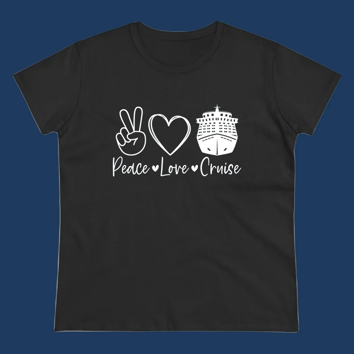 Peace love cruise design with peace sign, heart, and cruise ship icons with text on gray background
