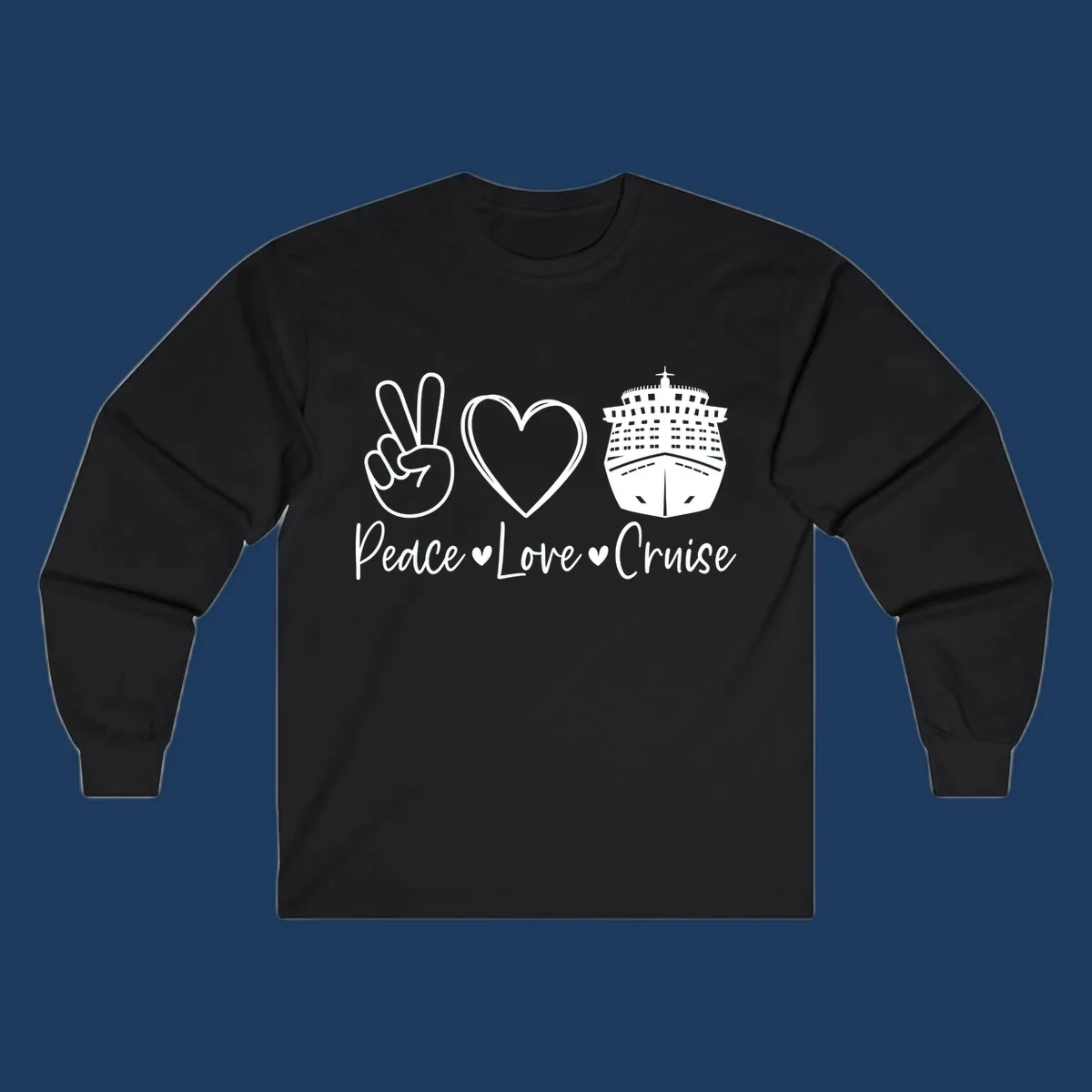 Peace love cruise design with peace sign, heart, and cruise ship icons with text on gray background
