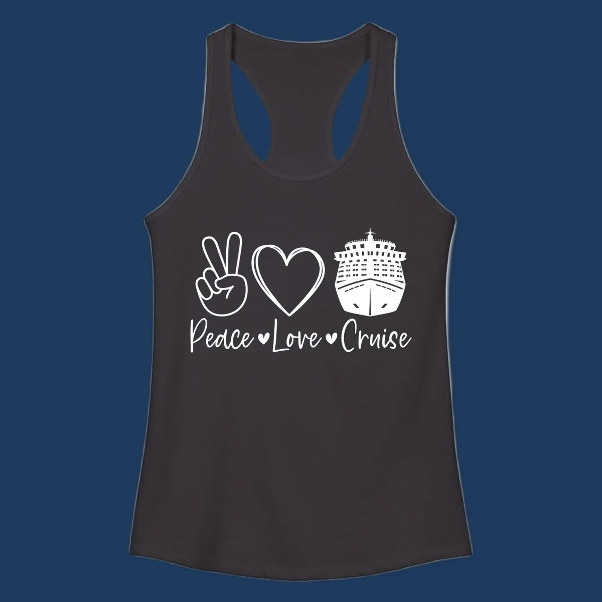 Peace love cruise design with peace sign, heart, and cruise ship icons with text on gray background