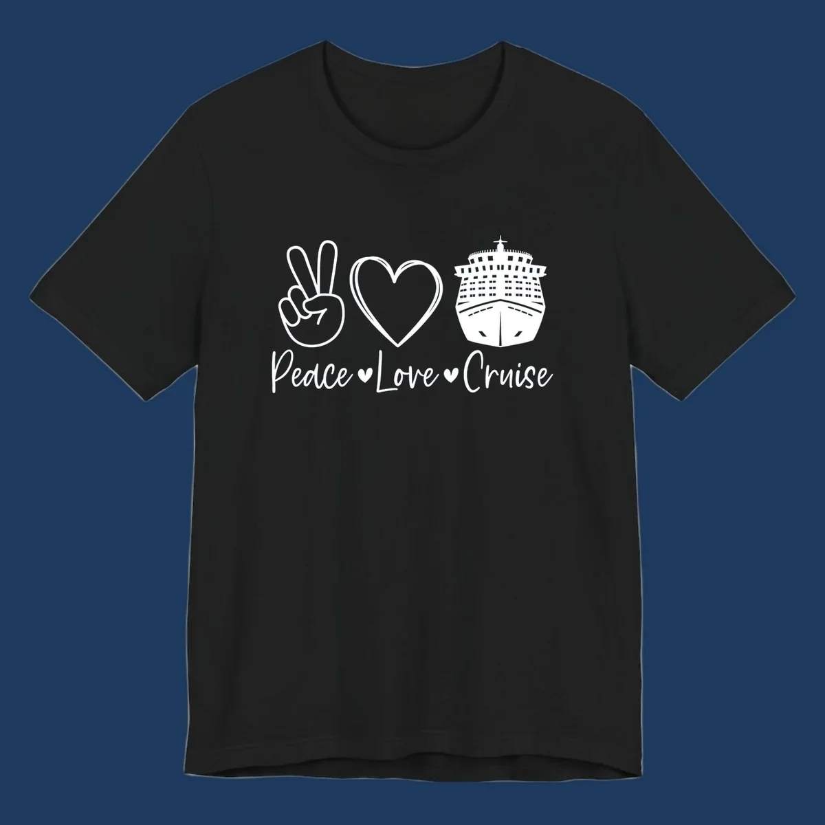 Peace love cruise design with peace sign, heart, and cruise ship icons with text on gray background