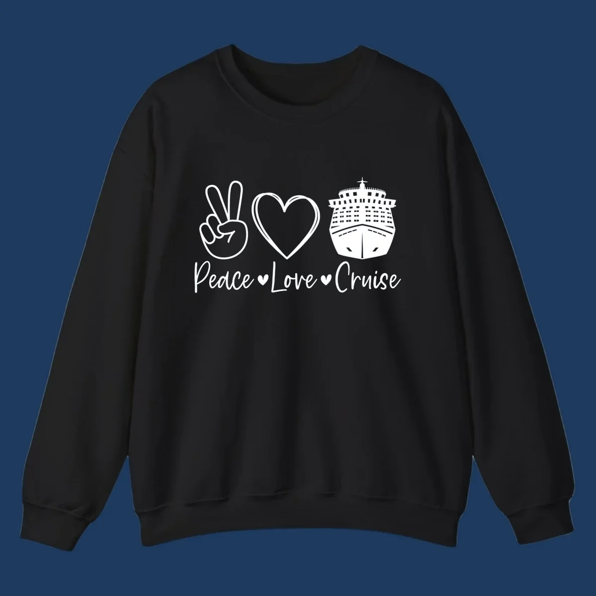 Peace love cruise design with peace sign, heart, and cruise ship icons with text on gray background
