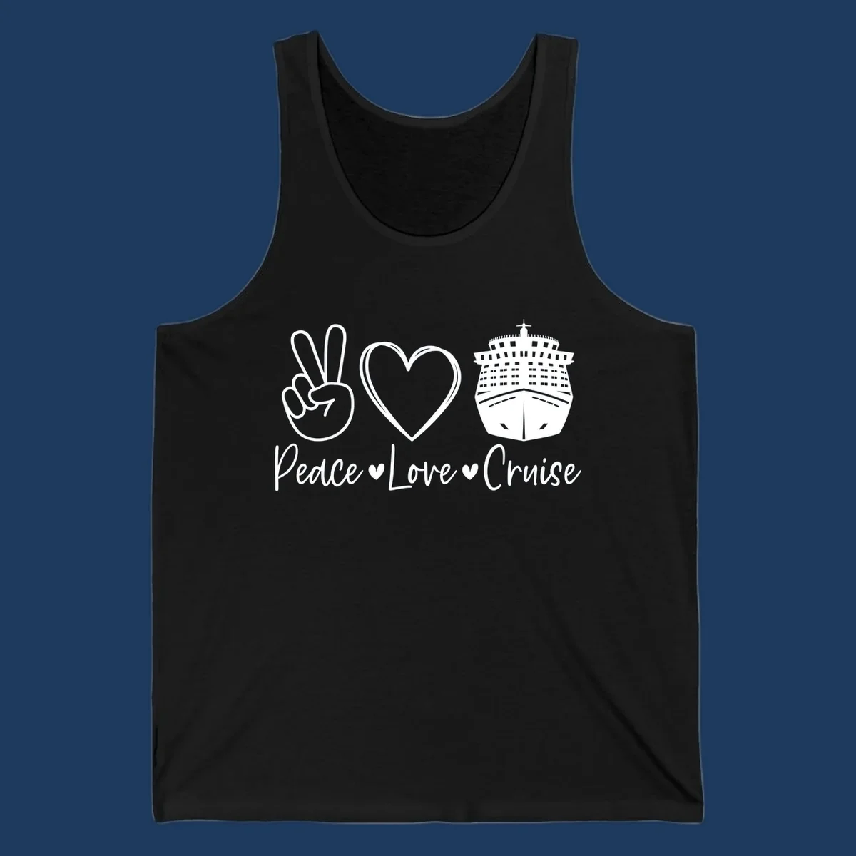 Peace love cruise design with peace sign, heart, and cruise ship icons with text on gray background