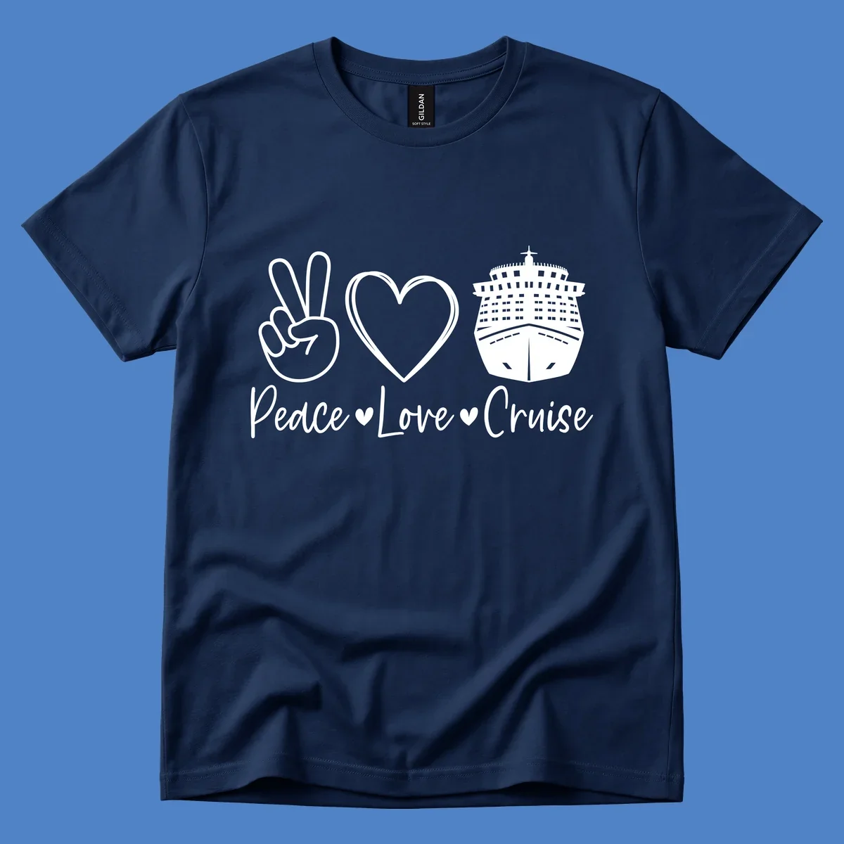 Peace love cruise design with peace sign, heart, and cruise ship icons with text on gray background