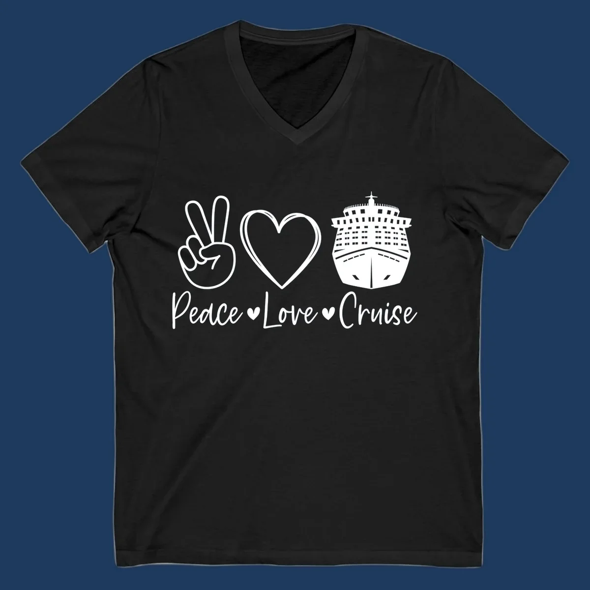 Peace love cruise design with peace sign, heart, and cruise ship icons with text on gray background