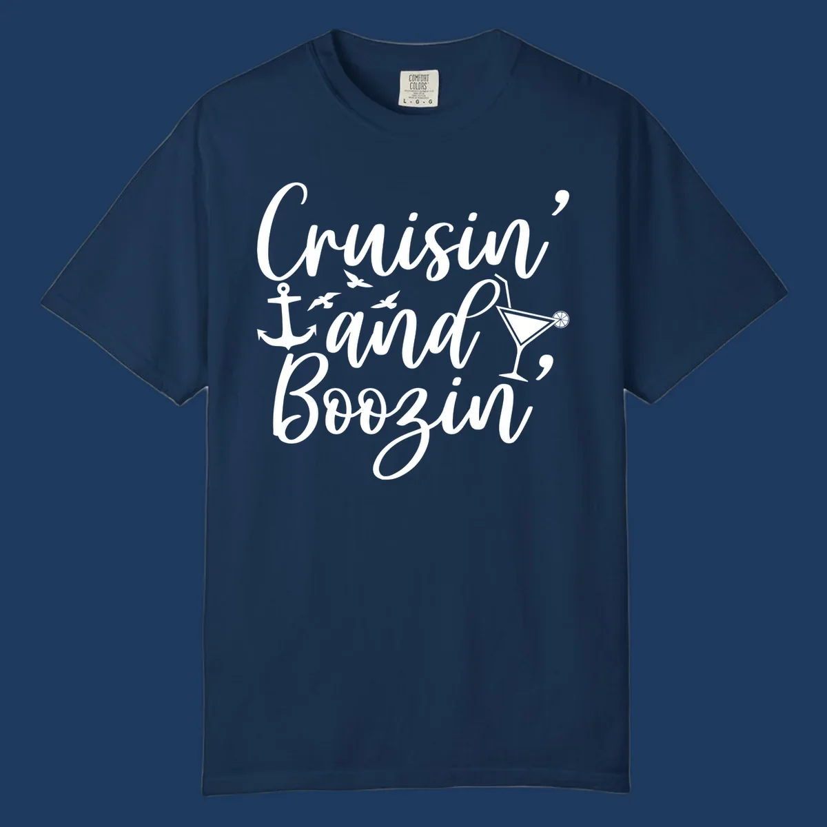 Cruisin and boozing nautical design with anchor, seagulls, and cocktail illustration on gray background