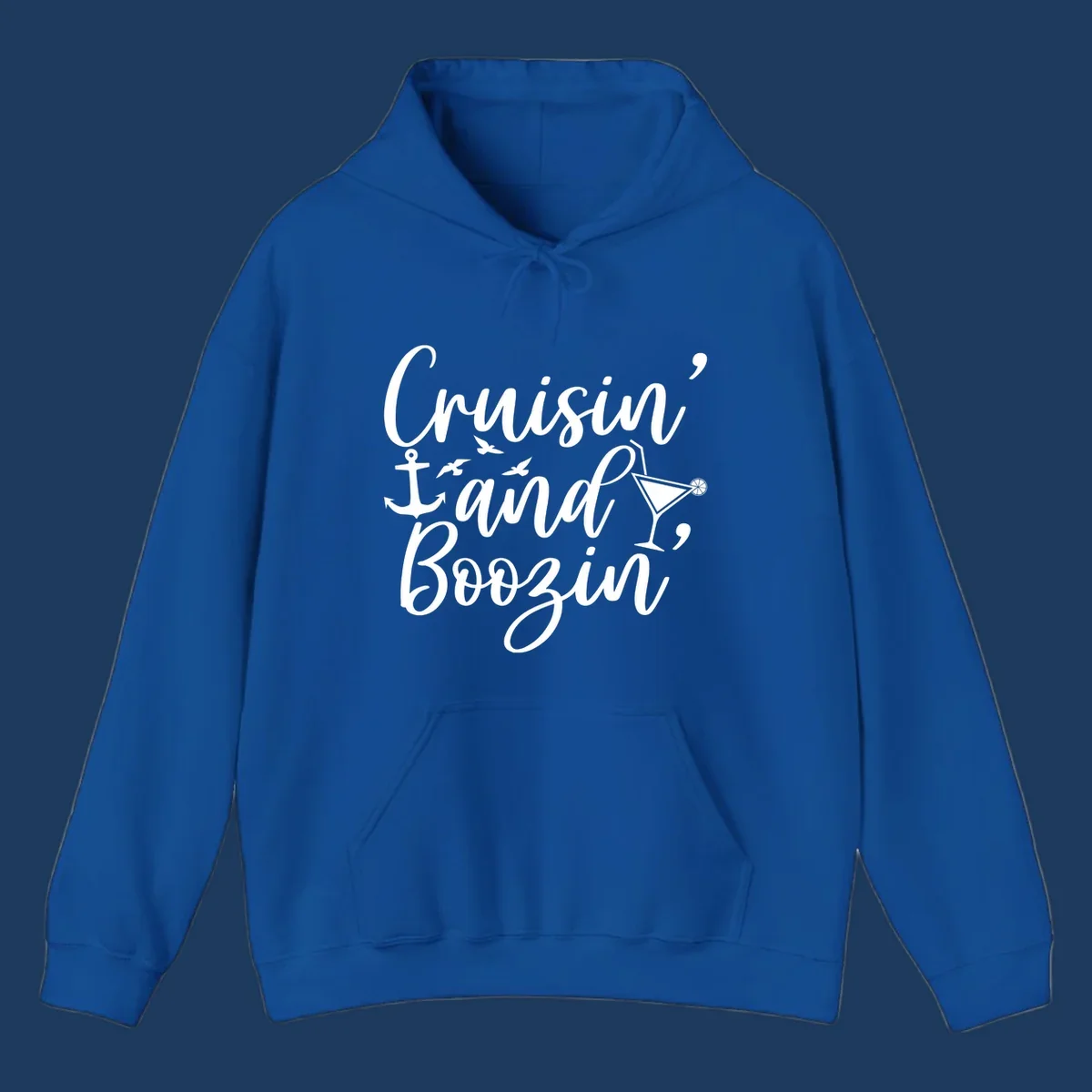 Cruisin and boozing nautical design with anchor, seagulls, and cocktail illustration on gray background