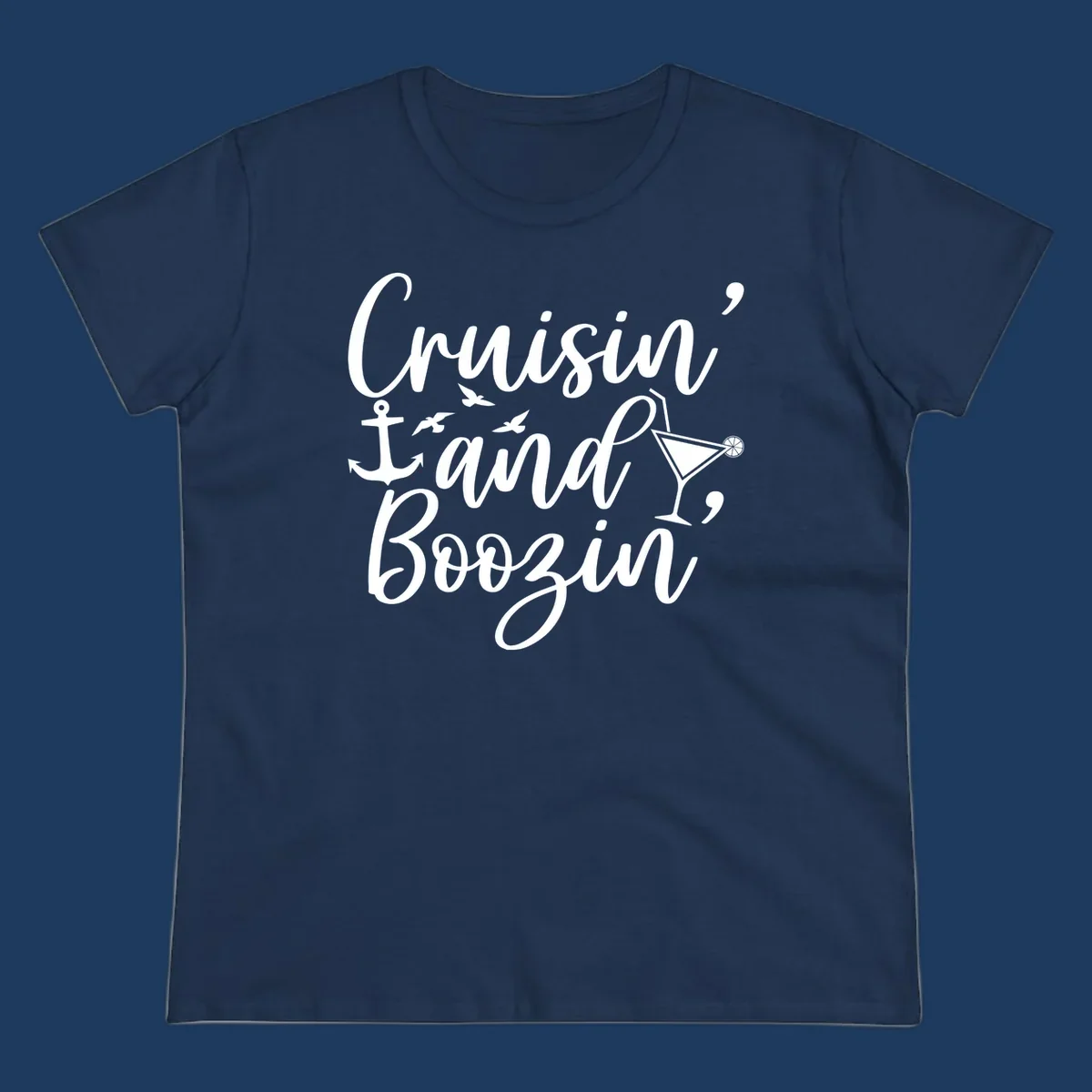 Cruisin and boozing nautical design with anchor, seagulls, and cocktail illustration on gray background