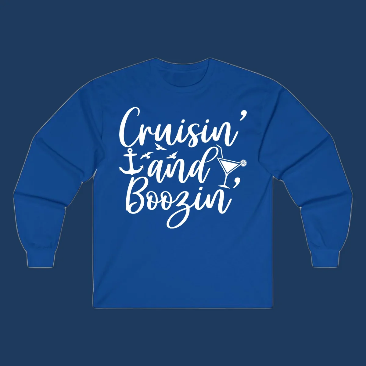 Cruisin and boozing nautical design with anchor, seagulls, and cocktail illustration on gray background