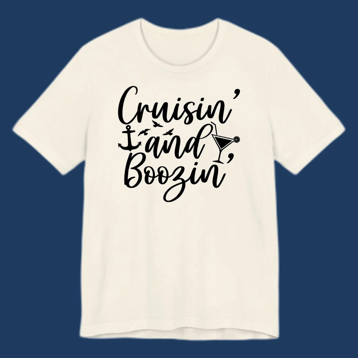 Cruisin and boozing nautical design with anchor, seagulls, and cocktail illustration on gray background