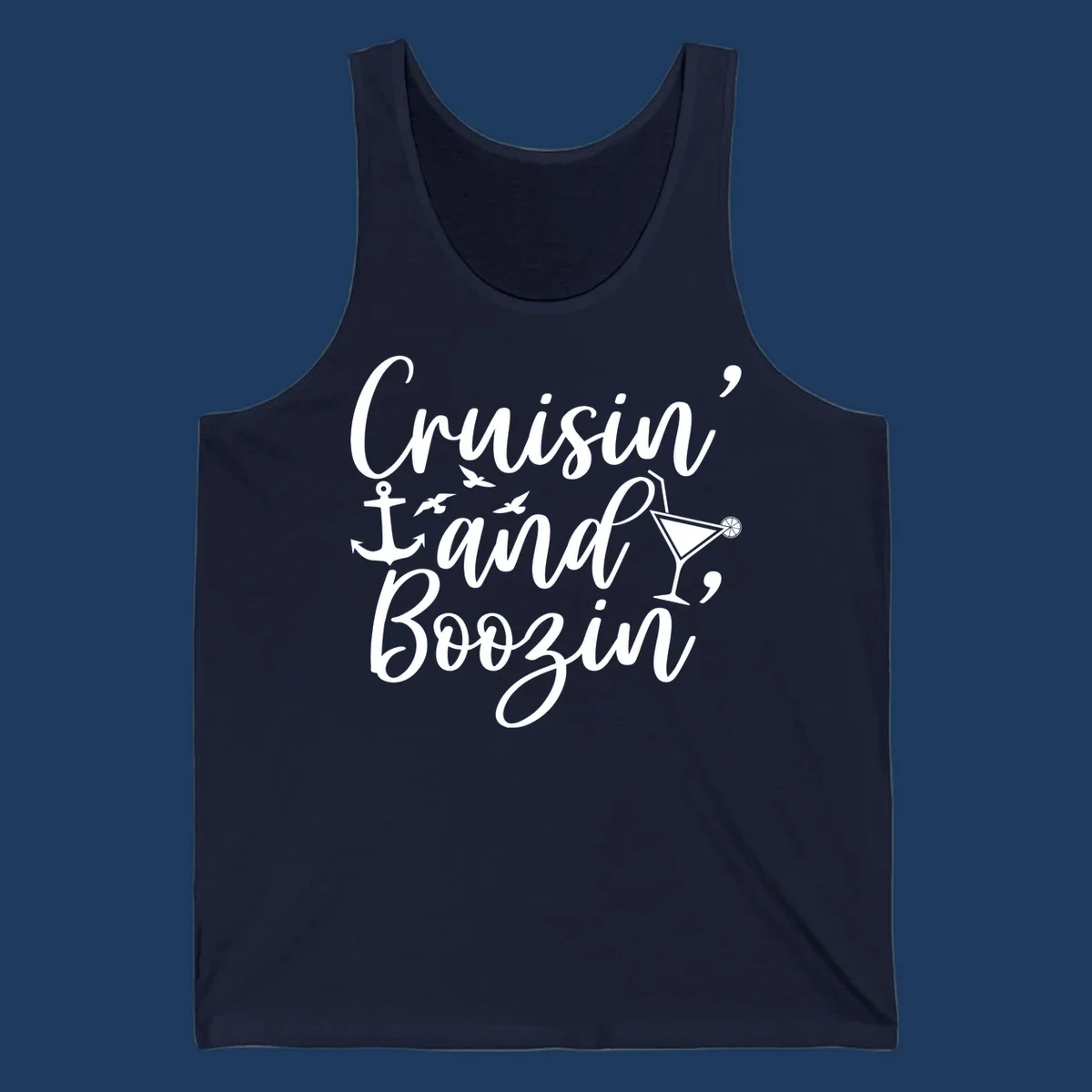 Cruisin and boozing nautical design with anchor, seagulls, and cocktail illustration on gray background