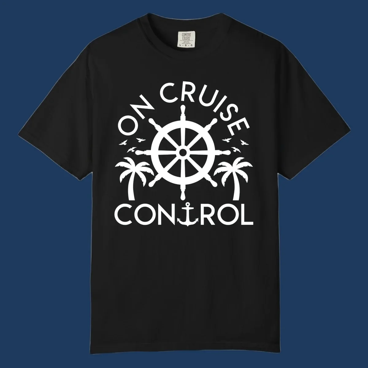 White nautical design with ship's wheel, anchor, palm trees and seagulls with 'On Cruise Control' text on gray background