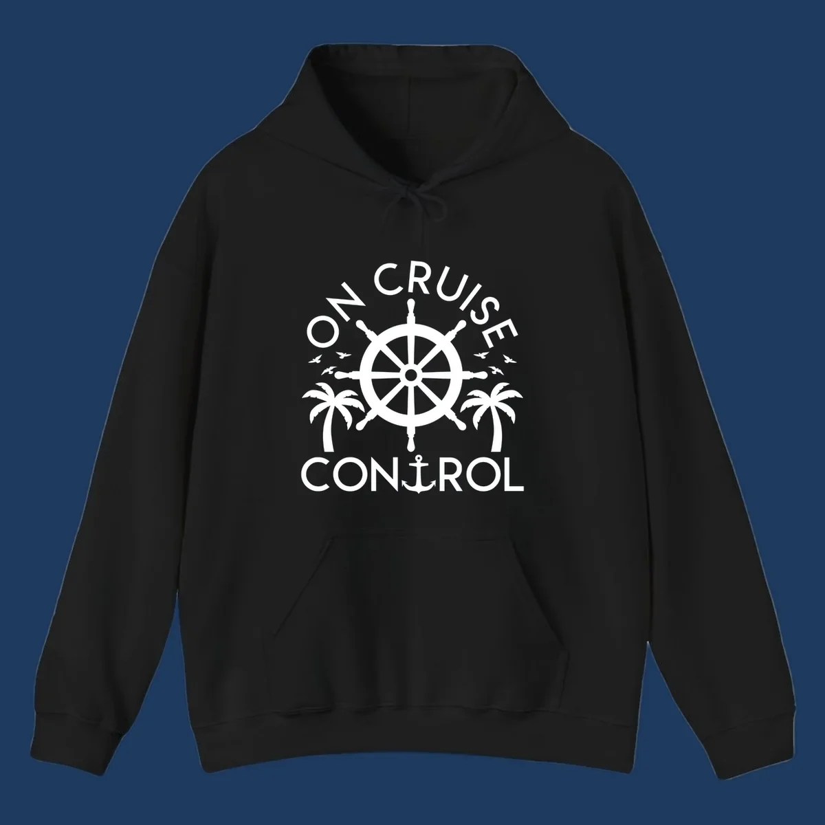 White nautical design with ship's wheel, anchor, palm trees and seagulls with 'On Cruise Control' text on gray background