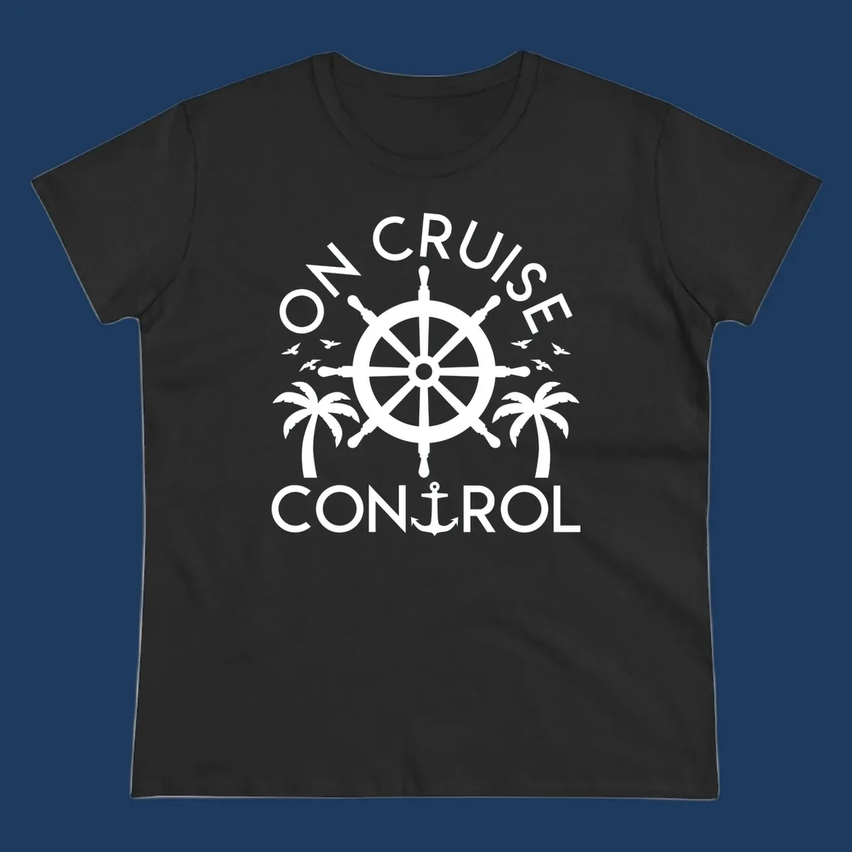 White nautical design with ship's wheel, anchor, palm trees and seagulls with 'On Cruise Control' text on gray background