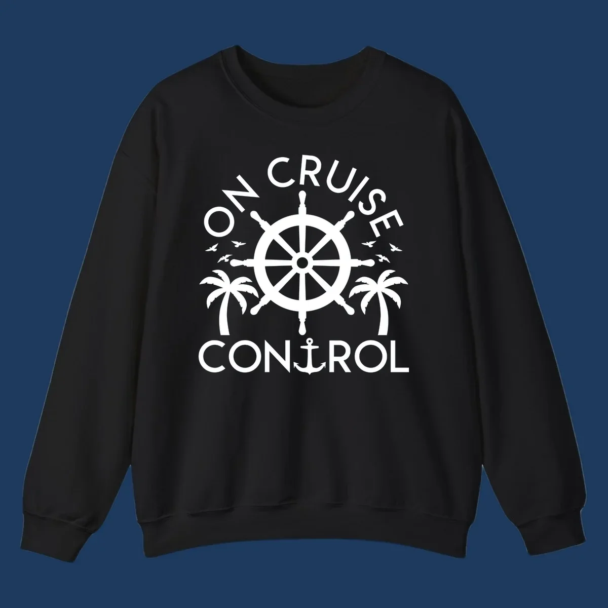 White nautical design with ship's wheel, anchor, palm trees and seagulls with 'On Cruise Control' text on gray background