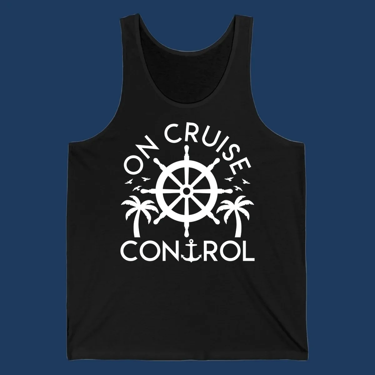 White nautical design with ship's wheel, anchor, palm trees and seagulls with 'On Cruise Control' text on gray background