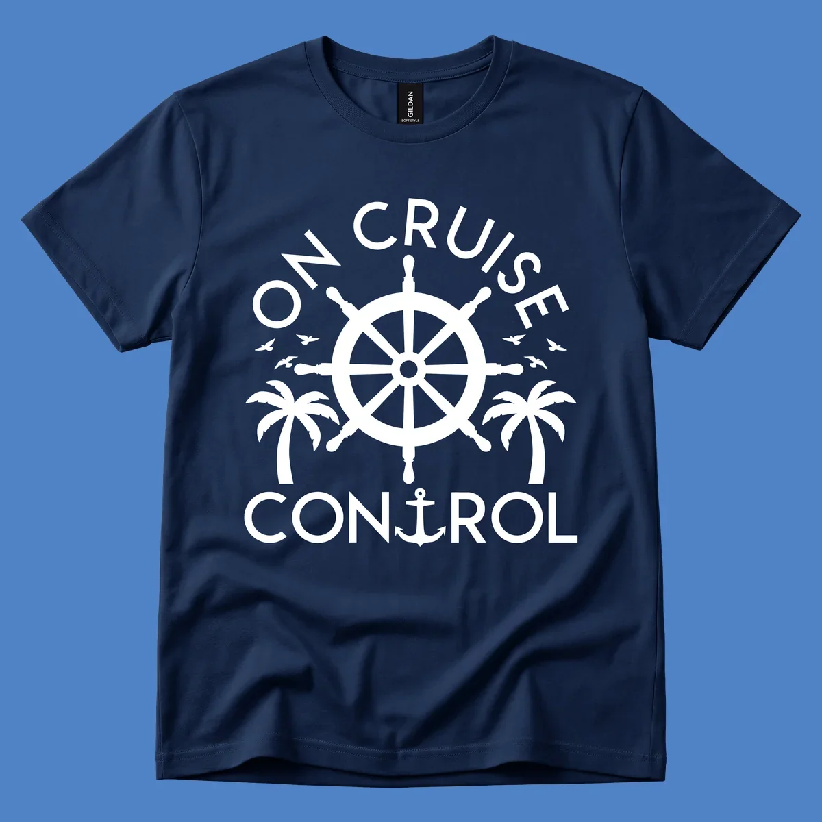 White nautical design with ship's wheel, anchor, palm trees and seagulls with 'On Cruise Control' text on gray background