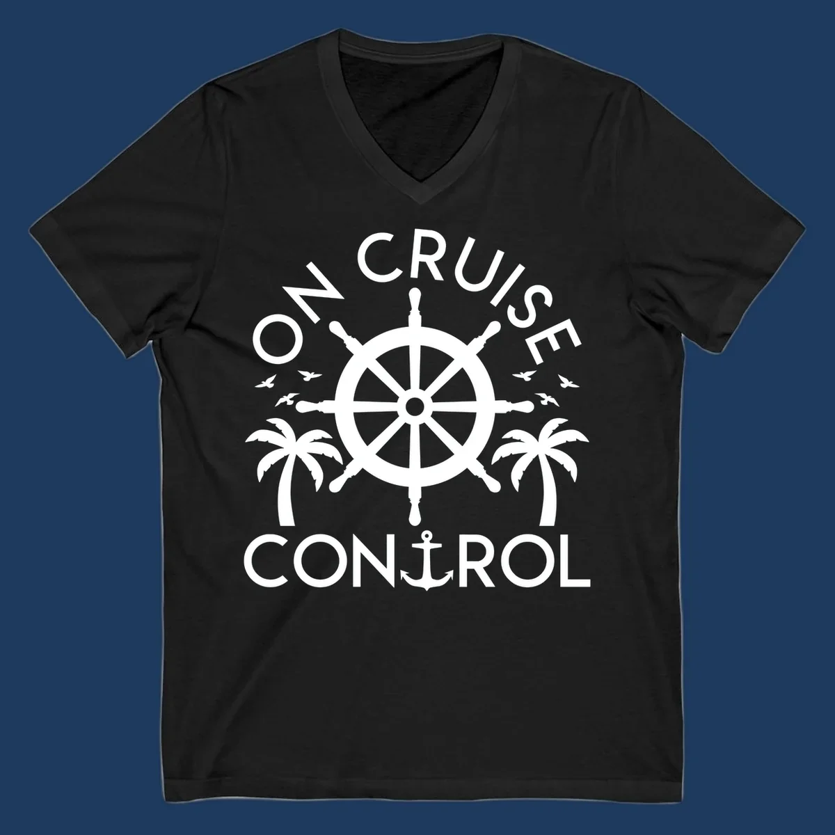 White nautical design with ship's wheel, anchor, palm trees and seagulls with 'On Cruise Control' text on gray background