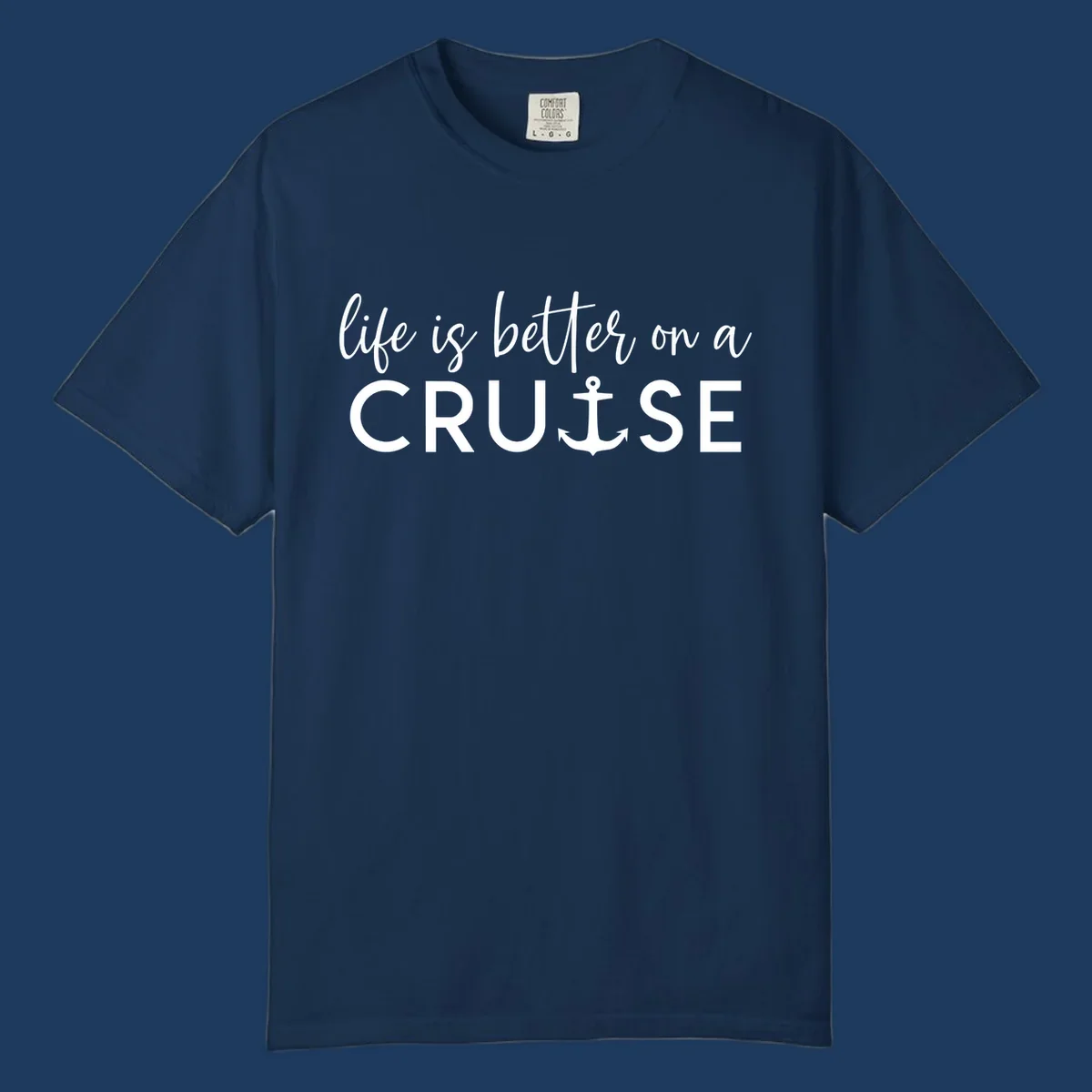 White text on gray background reading 'life is better on a cruise' with anchor icon, nautical vacation design