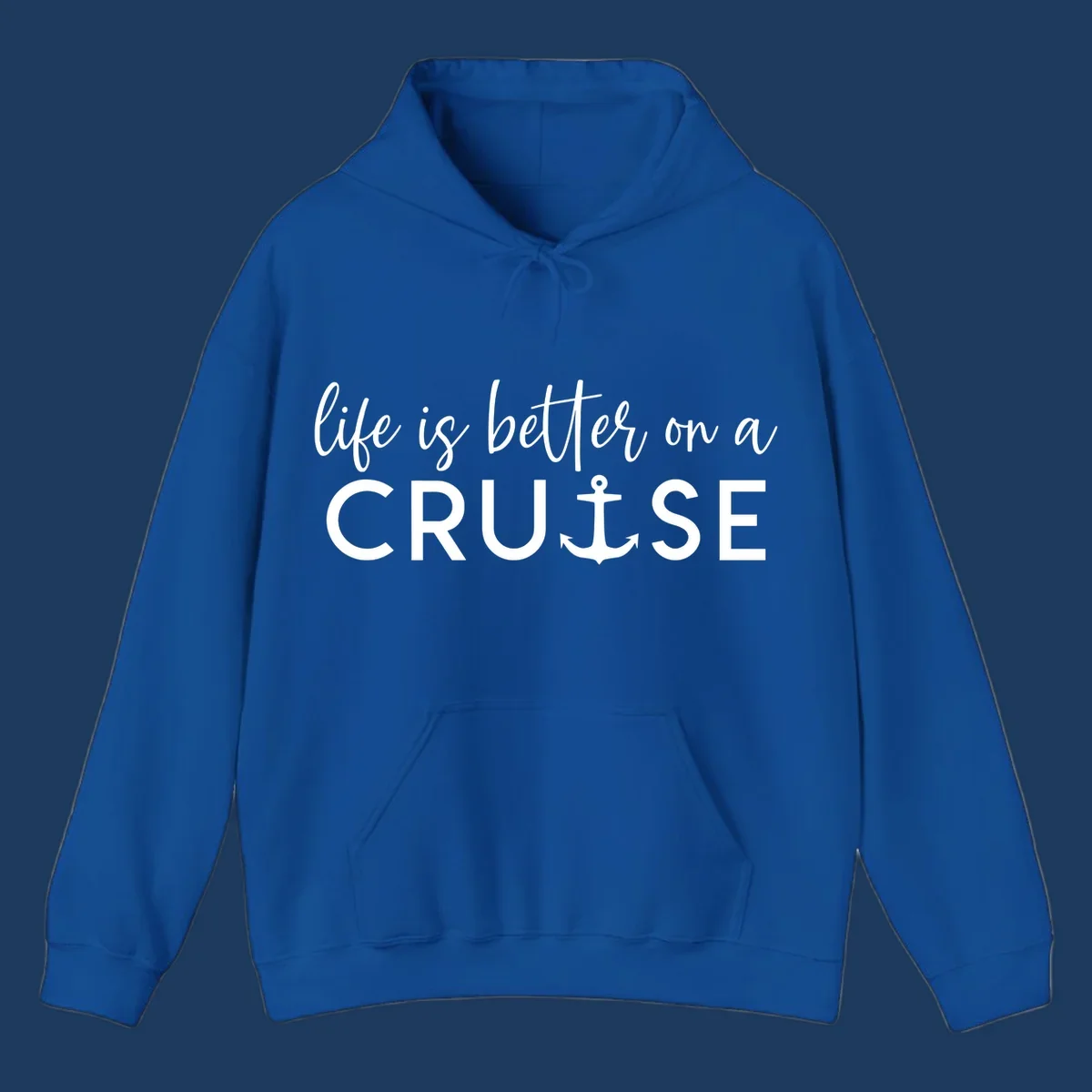 White text on gray background reading 'life is better on a cruise' with anchor icon, nautical vacation design