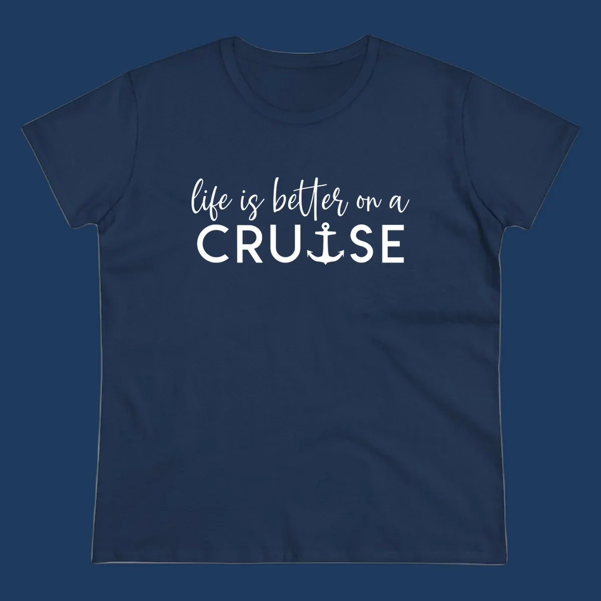 White text on gray background reading 'life is better on a cruise' with anchor icon, nautical vacation design