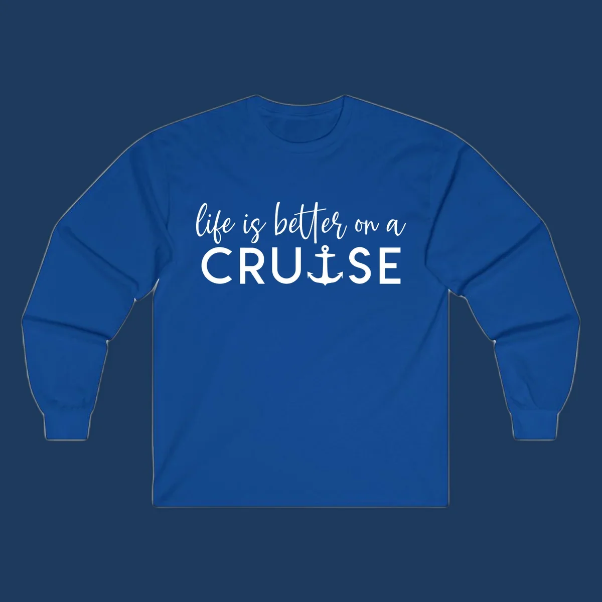 White text on gray background reading 'life is better on a cruise' with anchor icon, nautical vacation design