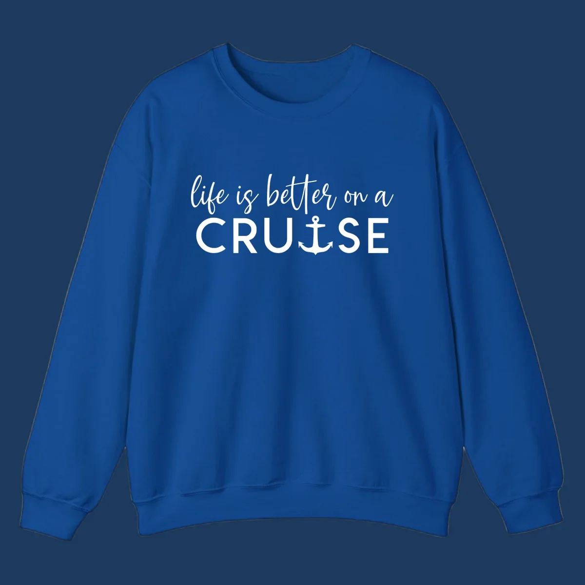 White text on gray background reading 'life is better on a cruise' with anchor icon, nautical vacation design