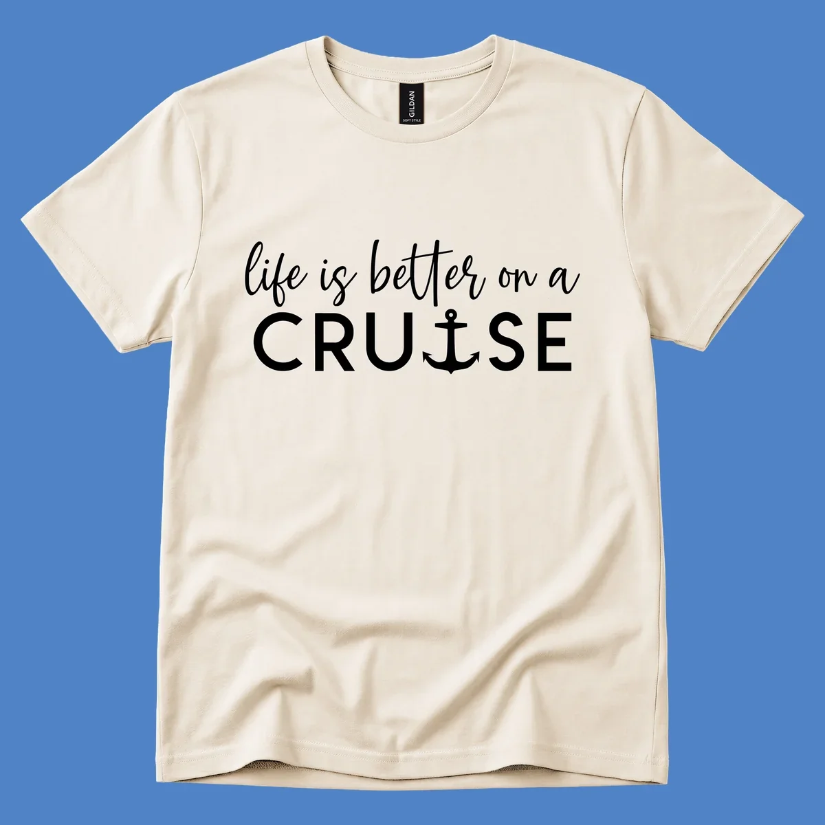 White text on gray background reading 'life is better on a cruise' with anchor icon, nautical vacation design