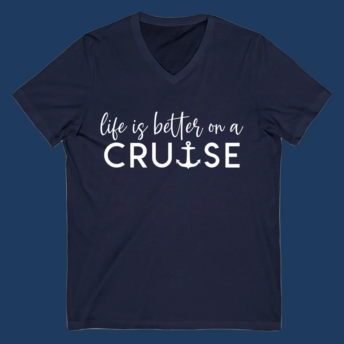White text on gray background reading 'life is better on a cruise' with anchor icon, nautical vacation design