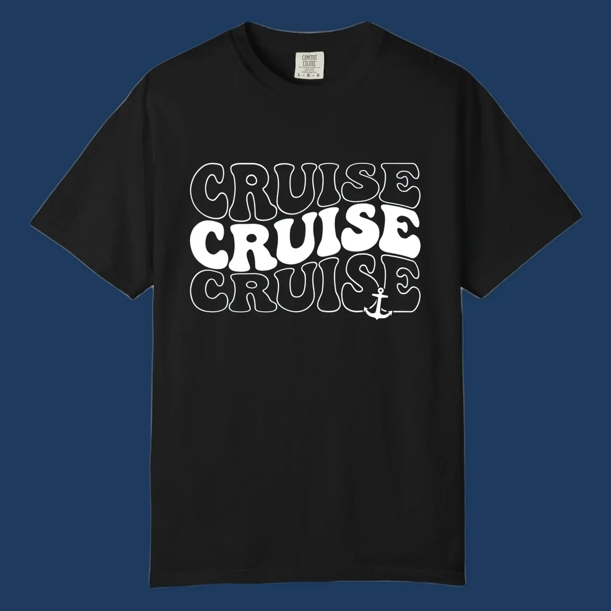 Bold white outlined 'CRUISE' text repeated three times with a white anchor icon on gray background, nautical cruise design.