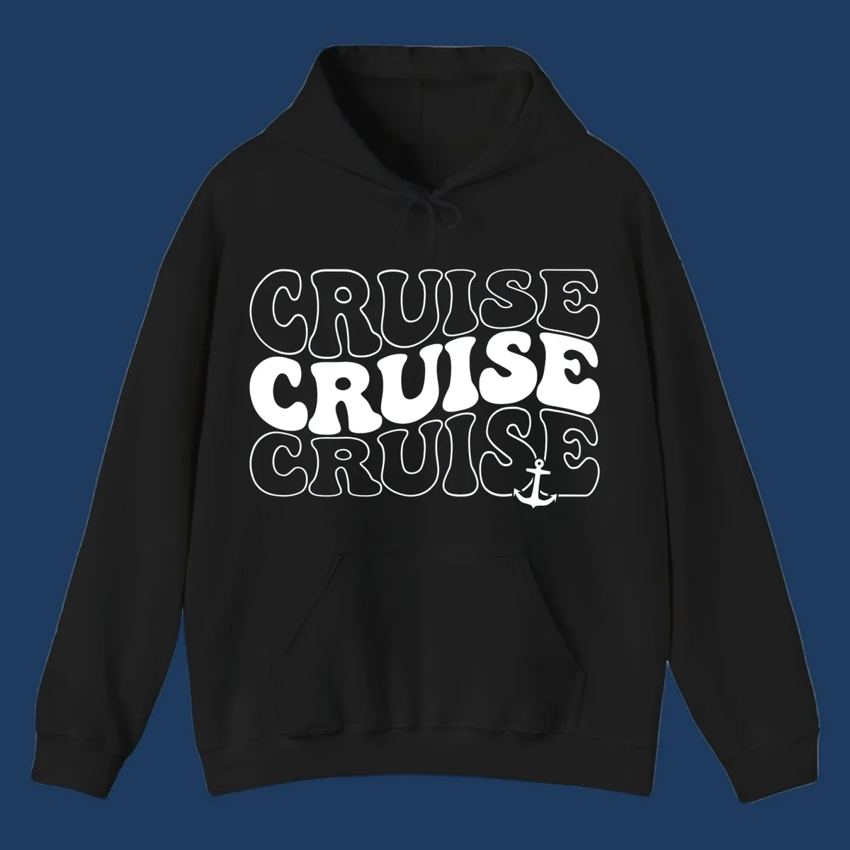 Bold white outlined 'CRUISE' text repeated three times with a white anchor icon on gray background, nautical cruise design.