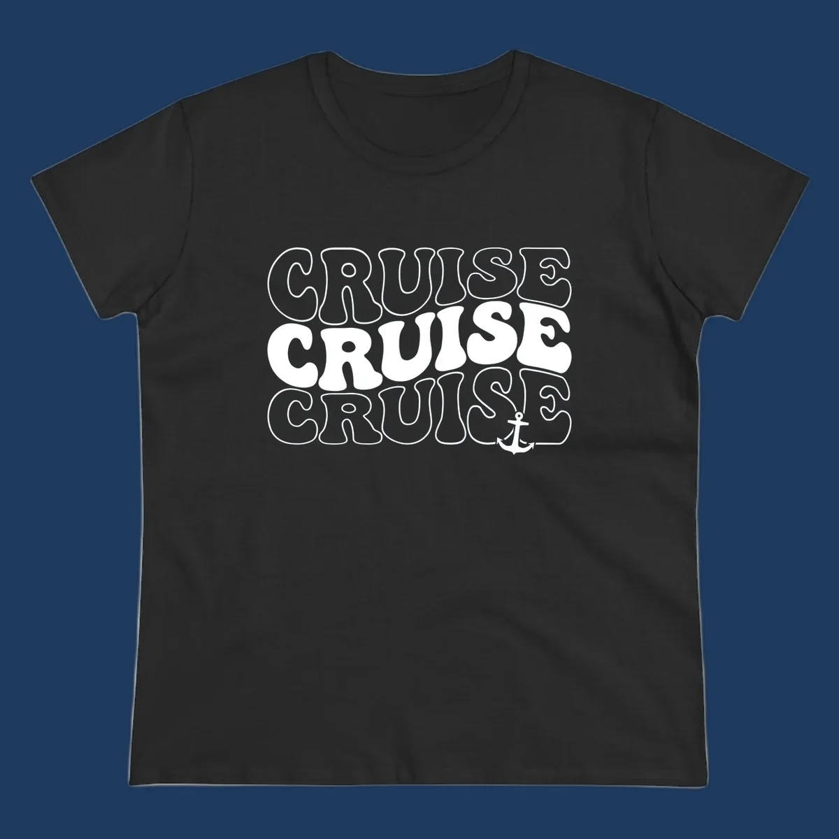 Bold white outlined 'CRUISE' text repeated three times with a white anchor icon on gray background, nautical cruise design.