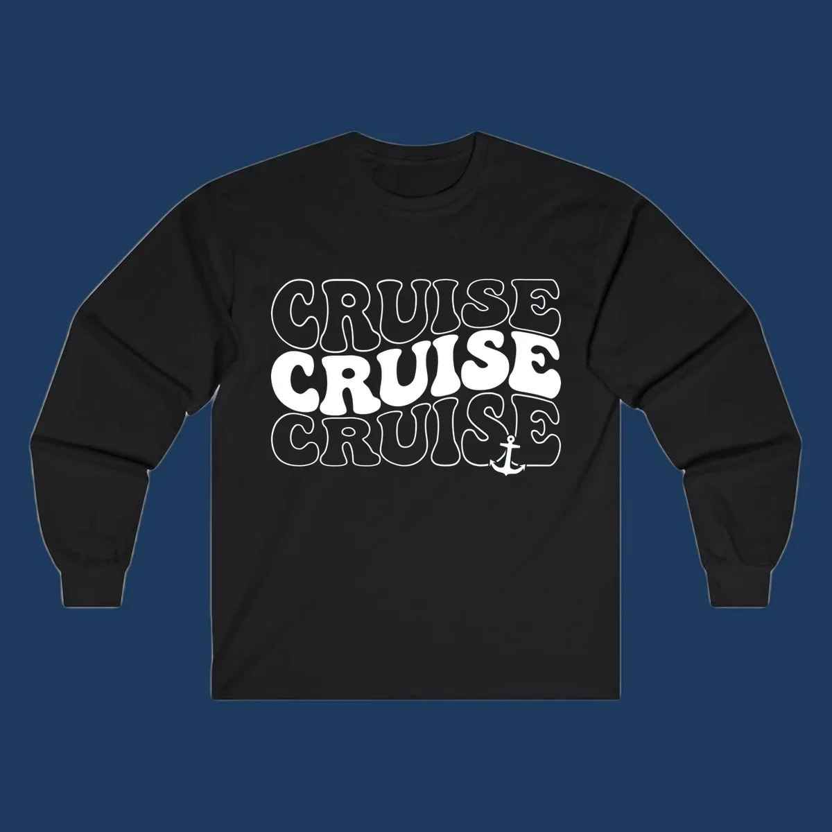 Bold white outlined 'CRUISE' text repeated three times with a white anchor icon on gray background, nautical cruise design.