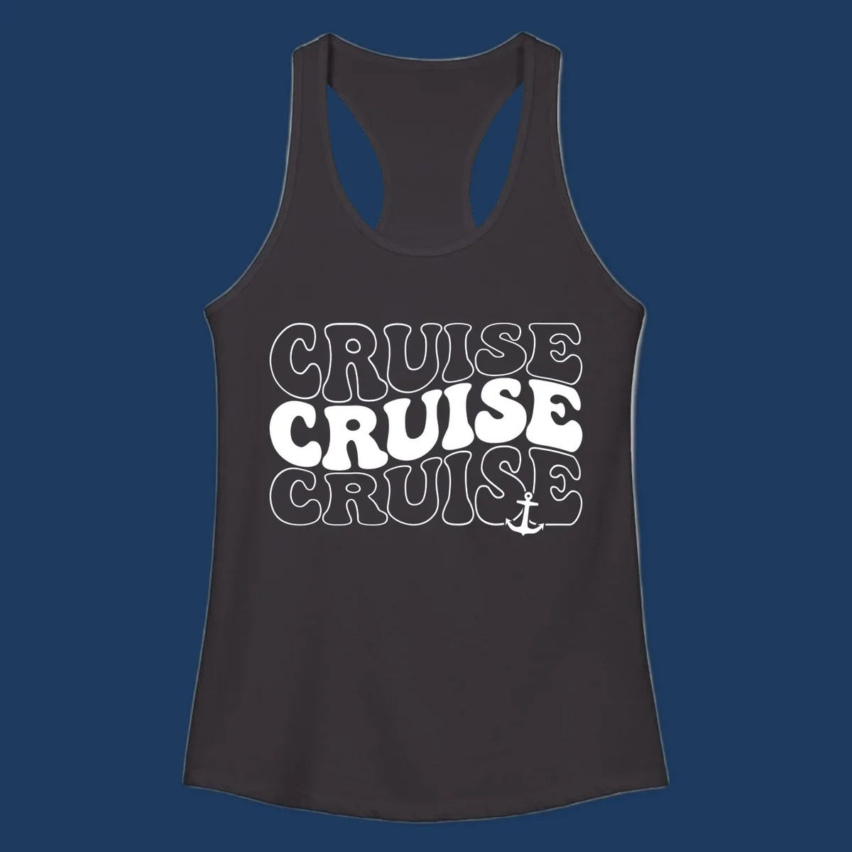 Bold white outlined 'CRUISE' text repeated three times with a white anchor icon on gray background, nautical cruise design.