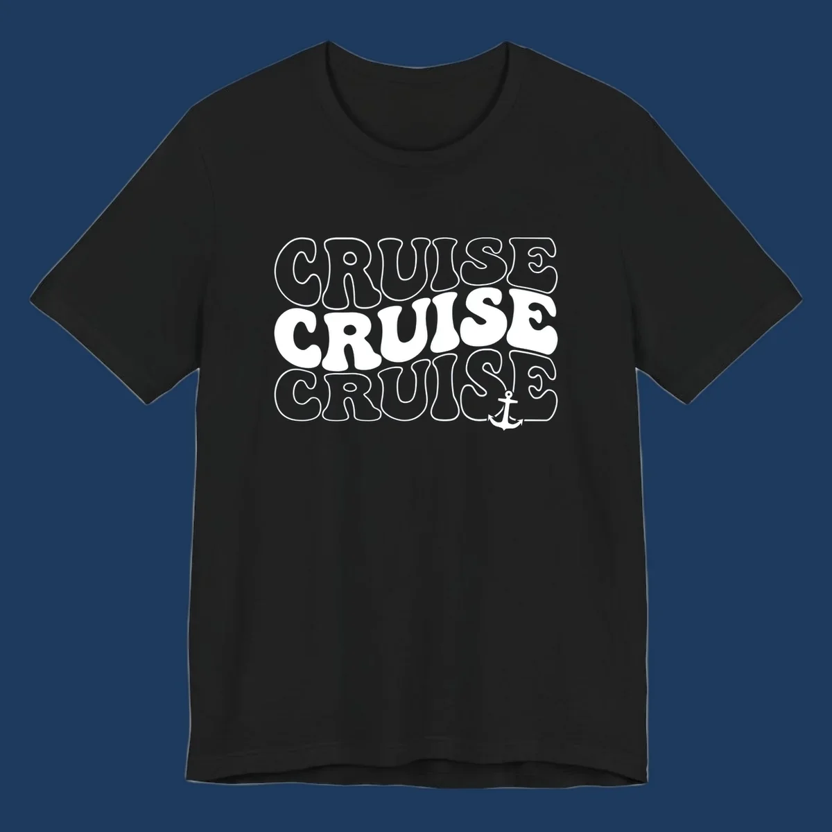 Bold white outlined 'CRUISE' text repeated three times with a white anchor icon on gray background, nautical cruise design.
